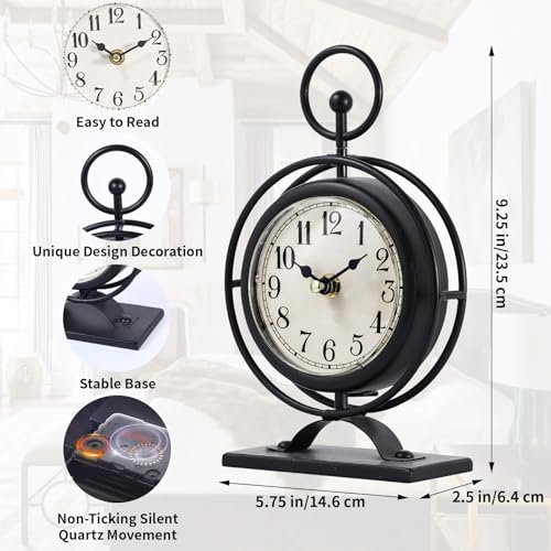 JUMBO HUMBLE Small Vintage Metal Desk Clock, Decorative Table Clock for Living Room, Silent Mantel Clocks Farmhouse Shelf Decor Battery Operated, 9.5" Black - Image 2