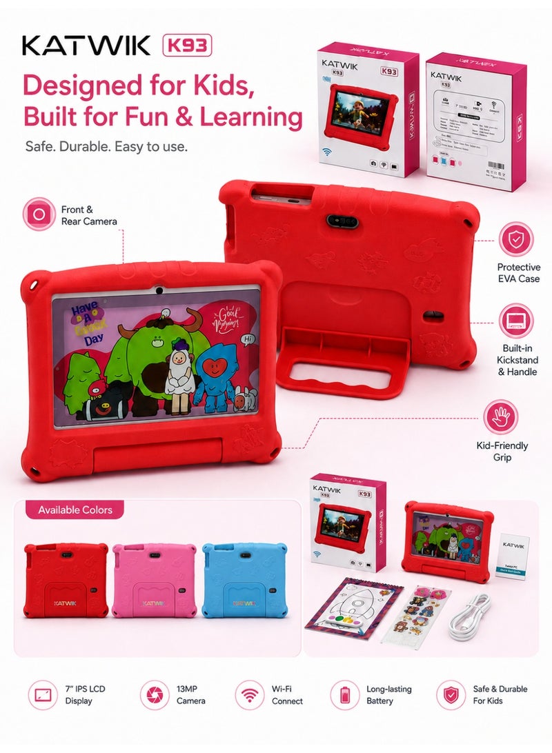 KATWIK K93 Kids Tablet 7-Inch WiFi Model With Protective Rubber Case, 13MP Rear Camera, AI Lens Flash, Type-C Charging, Learning & Entertainment Tablet For Kids - Image 3
