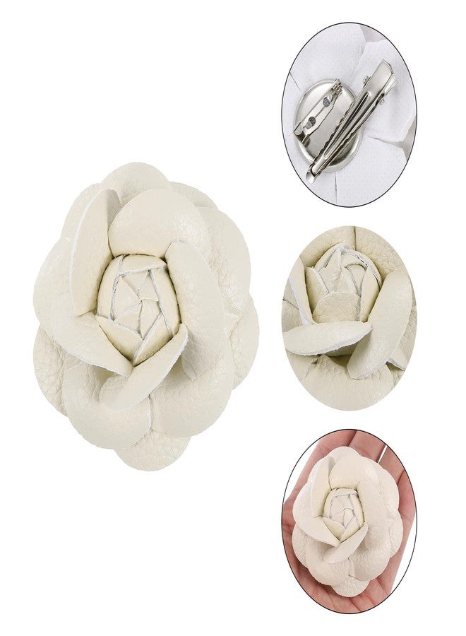 PATIKIL Flower Hair Clips, 2 Pack Camellia Hairpin Floral Brooches Pin Handmade Leather Flower Brooch for Lady Bridal Women Hat Dress Shirt, Beige - Image 3