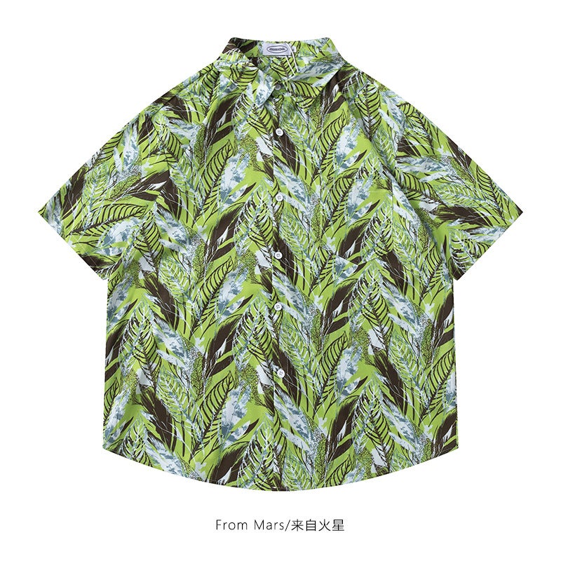 New summer leaves graffiti full printed short-sleeved shirt loose casual couple shirt seaside holiday shirt coat - Image 2