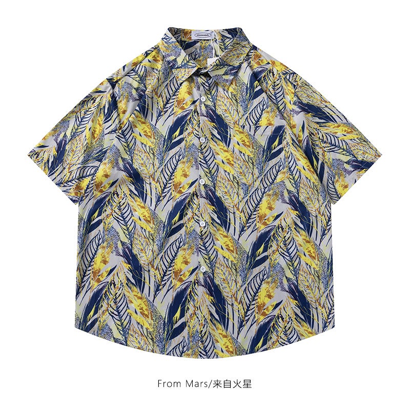New summer leaves graffiti full printed short-sleeved shirt loose casual couple shirt seaside holiday shirt coat - Image 3