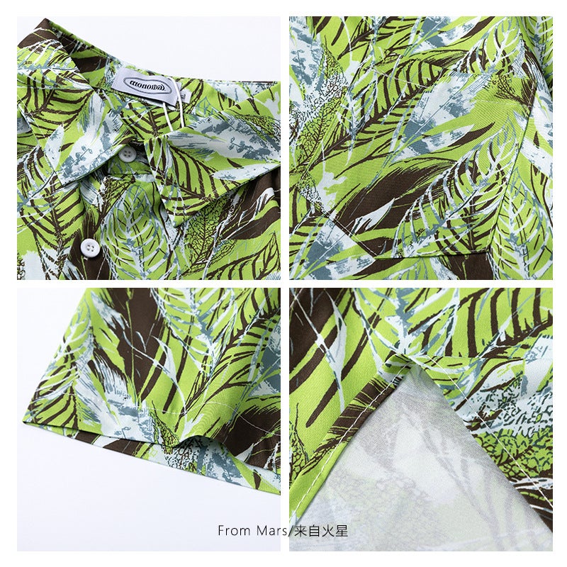 New summer leaves graffiti full printed short-sleeved shirt loose casual couple shirt seaside holiday shirt coat - Image 4