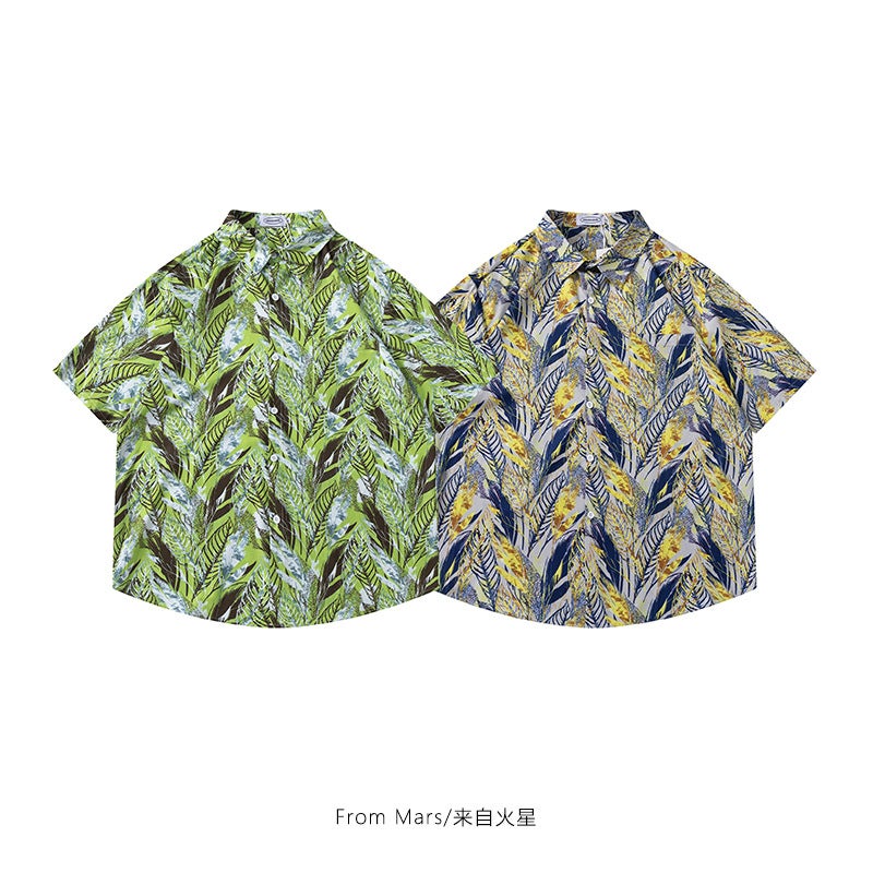 New summer leaves graffiti full printed short-sleeved shirt loose casual couple shirt seaside holiday shirt coat - Image 5