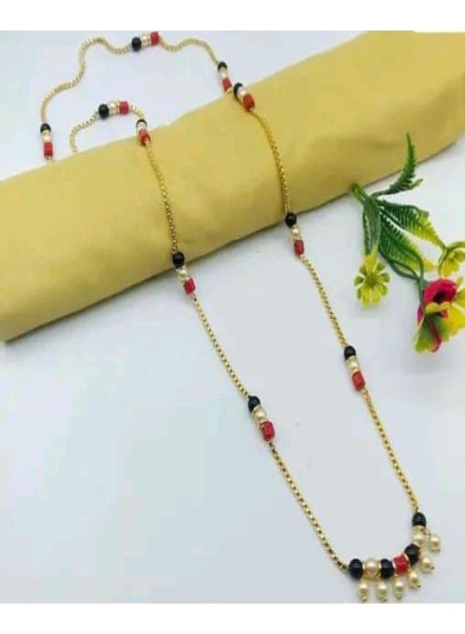 AAIKU Maharashtrian Long Traditional Gold Plated Micro Polish Mangalsutra for Women 34 Inch onyx Beaded Fashion chain necklace Jwellery (RedBlackOffwhite) - Image 3