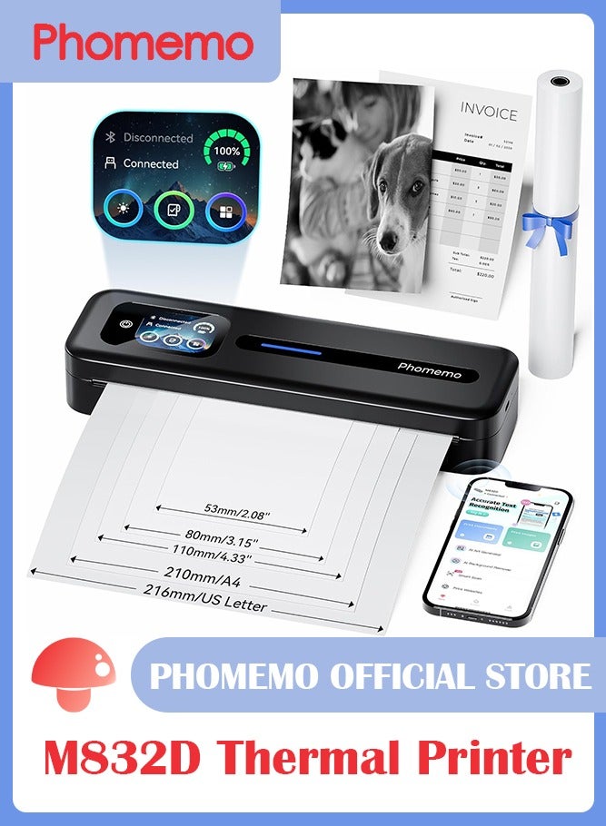 فوميمو طابعة محمولة مُحسّنة بشاشة تعمل باللمس، طابعة حرارية M832D A4 سوداء، لون أسود - Image 1