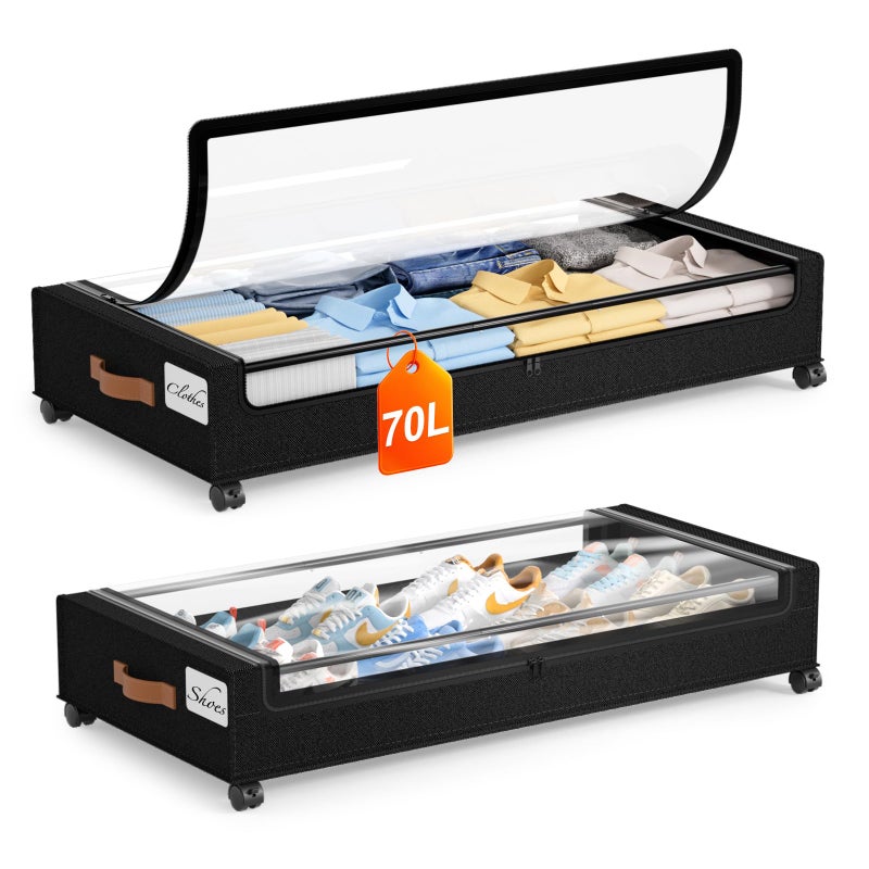 Yecaye Under Bed Storage with Wheels 2Pack, 70L Larger Capacity Under Bed Storage Containers, Underbed Shoe Storage Organizer, Rolling Under Bed Metal Drawers for Clothes, Blankets(35.5 x 17 x 6.7in) - Image 1