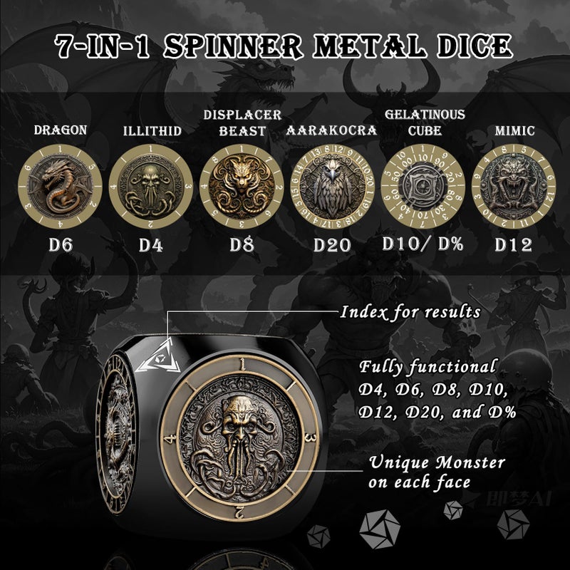 Haxtec Spinner Dice 7-in-1 Metal DND Dice Set Black Gold Unique Gamer Gifts Fidget Spinner Metal D&D Dice Valentines Day Gamer Gifts DND Gift TTRPG Dungeon Masters & RPG Collector's - Image 2