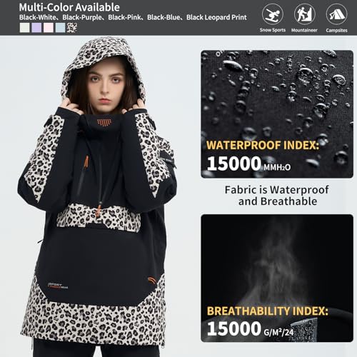 HIGH EXPERIENCE Ski Jacket Snowboard Anorak Coat Pullover Baggy Snow Hooded Insulated Hoodie Waterproof Warm for Women Men (US, Alpha, Large, Regular, Regular, Black Leopard Print) - Image 4