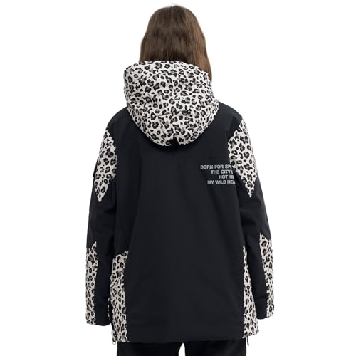 HIGH EXPERIENCE Ski Jacket Snowboard Anorak Coat Pullover Baggy Snow Hooded Insulated Hoodie Waterproof Warm for Women Men (US, Alpha, Large, Regular, Regular, Black Leopard Print) - Image 2