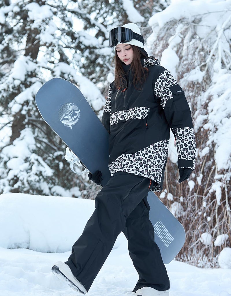 HIGH EXPERIENCE Ski Jacket Snowboard Anorak Coat Pullover Baggy Snow Hooded Insulated Hoodie Waterproof Warm for Women Men (US, Alpha, Large, Regular, Regular, Black Leopard Print) - Image 3