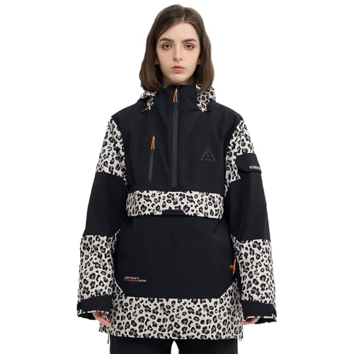 HIGH EXPERIENCE Ski Jacket Snowboard Anorak Coat Pullover Baggy Snow Hooded Insulated Hoodie Waterproof Warm for Women Men (US, Alpha, Large, Regular, Regular, Black Leopard Print) - Image 1