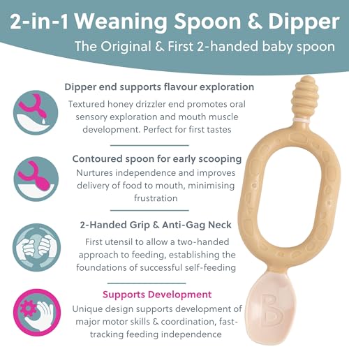Bibado - Dippit Baby Spoon and Dipper, Fawn (2-Pack) - Soft, Chewable Dipper & Deep Spoon - Two-Hand, Sensory Grip - Toddler Utensils - Baby Led Weaning Supplies - Baby Essentials - 6 Months+ - Image 4