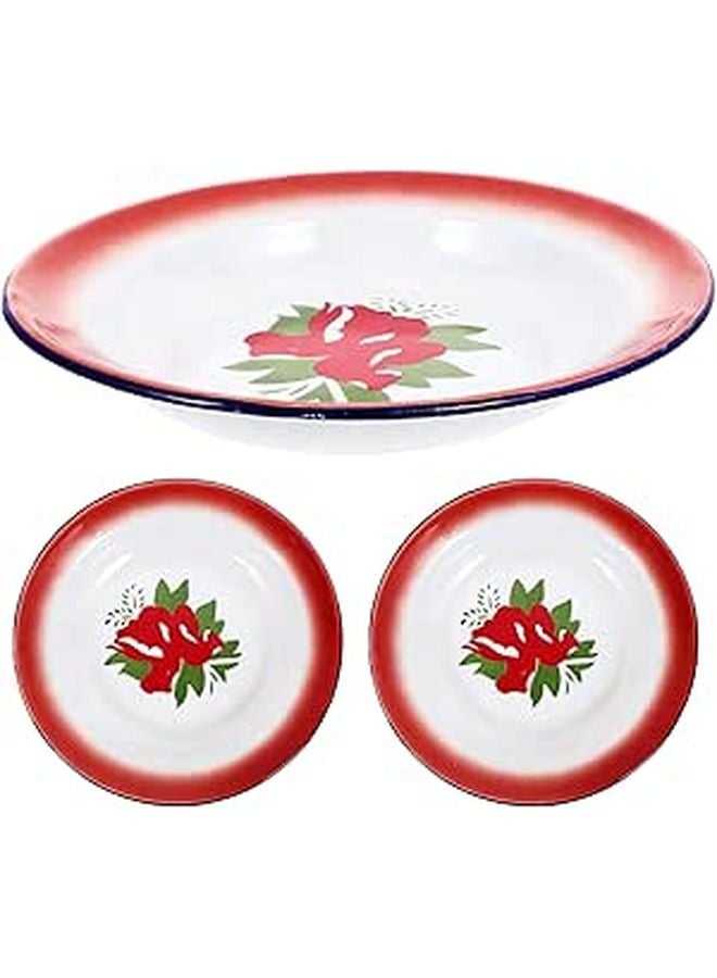 Vintage Enamel Snack Plates 20cm Round Retro Chinese Style Serving Dishes Set of 3 - Image 1