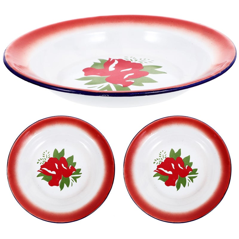 Vintage Enamel Snack Plates 20cm Round Retro Chinese Style Serving Dishes Set of 3 - Image 2