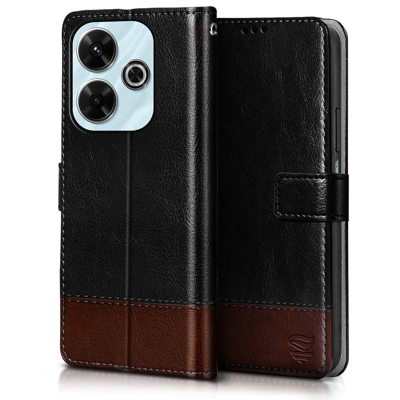 FLIPPED Vegan Leather Flip Case Back Cover for Mi Redmi 13 5G | Poco M6 Plus 5G (Flexible, Shock Proof | Hand Stitched Leather Finish | Card Pockets Wallet & Stand | Black with Brown) - Image 3