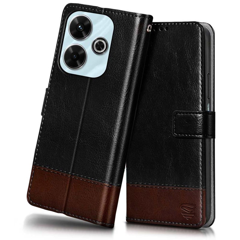 FLIPPED Vegan Leather Flip Case Back Cover for Mi Redmi 13 5G | Poco M6 Plus 5G (Flexible, Shock Proof | Hand Stitched Leather Finish | Card Pockets Wallet & Stand | Black with Brown) - Image 1