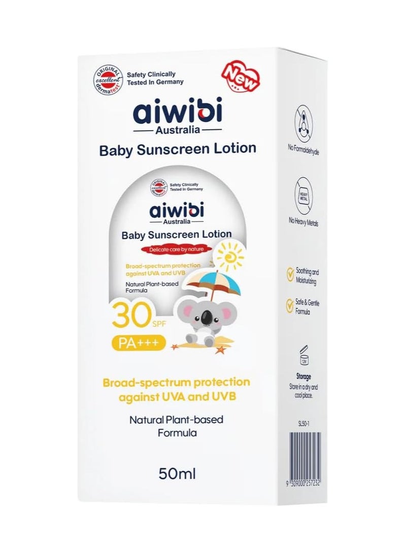 aiwibi Baby Sunscreen Lotion SPF30 PA+++, Hypoallergenic UVA & UVB Protection, Non-Greasy Aloe Vera Formula for Babies & Kids, 50ml - Image 1