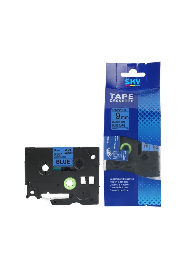 9 mm x 8 meter Black on  Blue  AZE Label Tape Cartridge for P-Touch Label Printers
