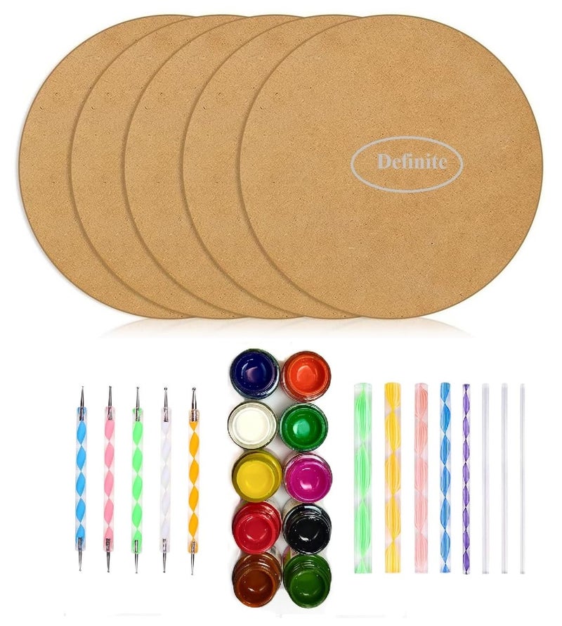 Definite Mandala Art Kit for Circle MDF Paintings Hobby (Pack of 5 MDF Board, 10 Acrylic Colors & 13 Dotting & Circle Tools) - Image 1
