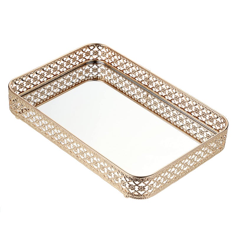BSTKEY 30x20cm Vanity Mirror Tray Jewelry Trinket Tray Decorative Tray for Cosmetic Makeup Dresser Bathroom Bedroom Countertop Organizer Gold