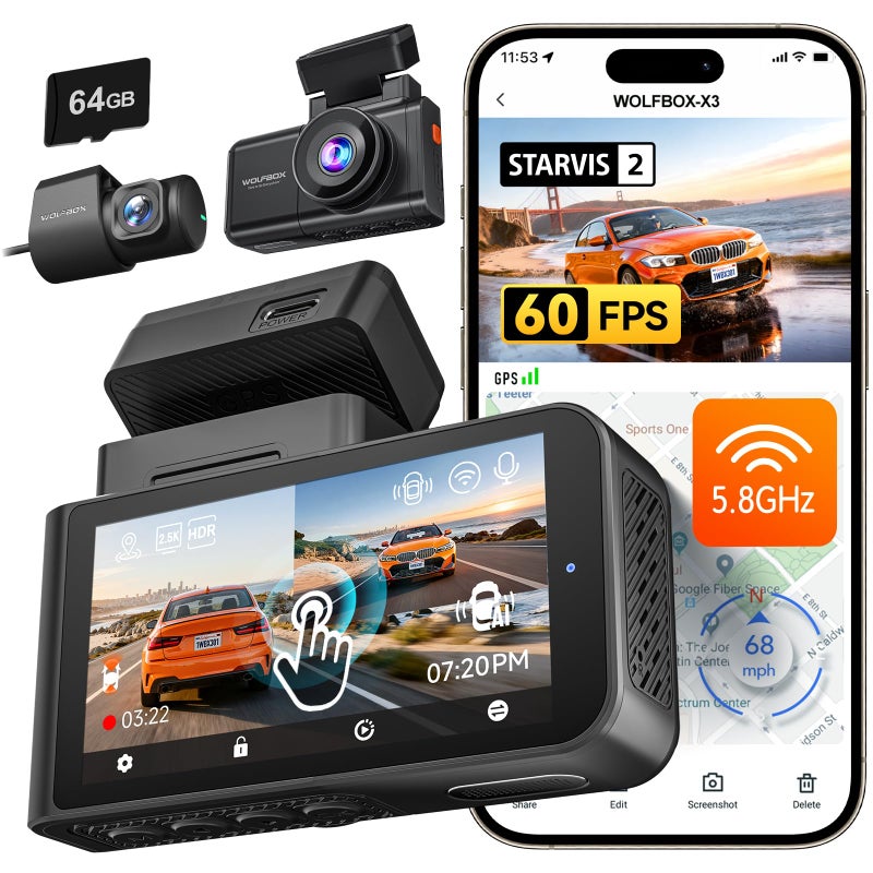 WOLFBOX X3 2.5K 1440P 60FPS Dash Camera, STARVIS 2 IMX675 with ADAS, 1440P+1080P Dual Dashcam Front and Rear Camera 5MP with Built-in 5.8GHz WiFi & GPS, 64GB Card, Touch Screen, G-Sensor, Loop Record - Image 1