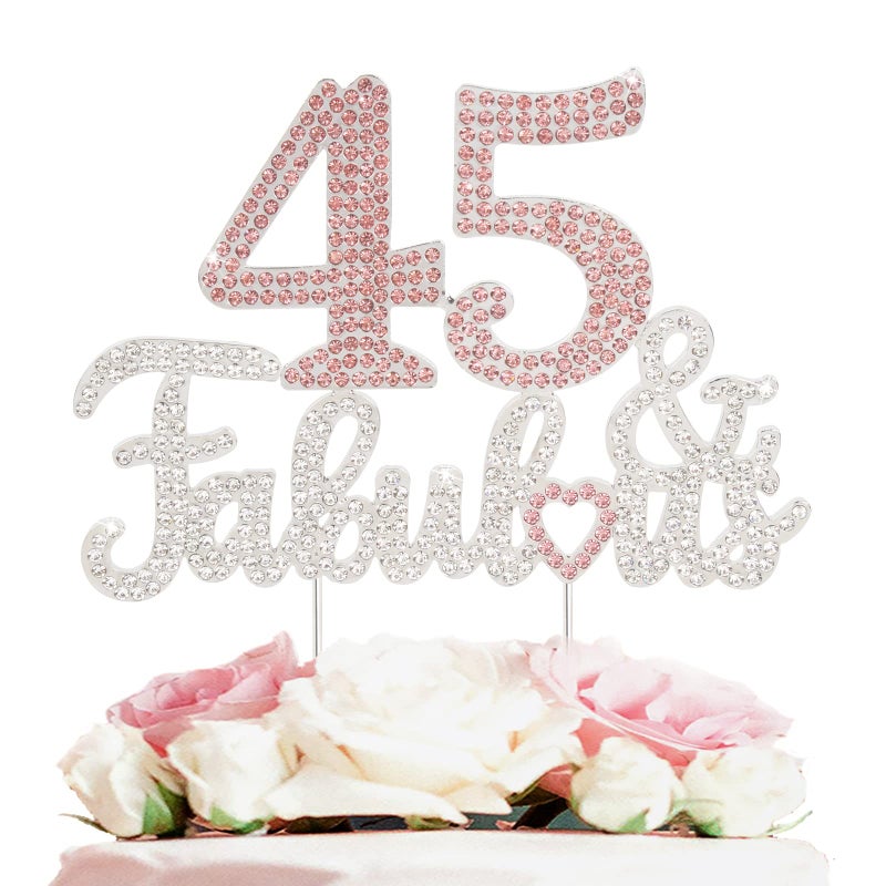 LASKYER 45 & Fabulous Silver Pink Rhinestone Cake Topper - Happy 45th Birthday Cheers to 45 Years Old Bday Party Metal Sparkly Food Centerpieces Topper Decorations Keepsake. - Image 1
