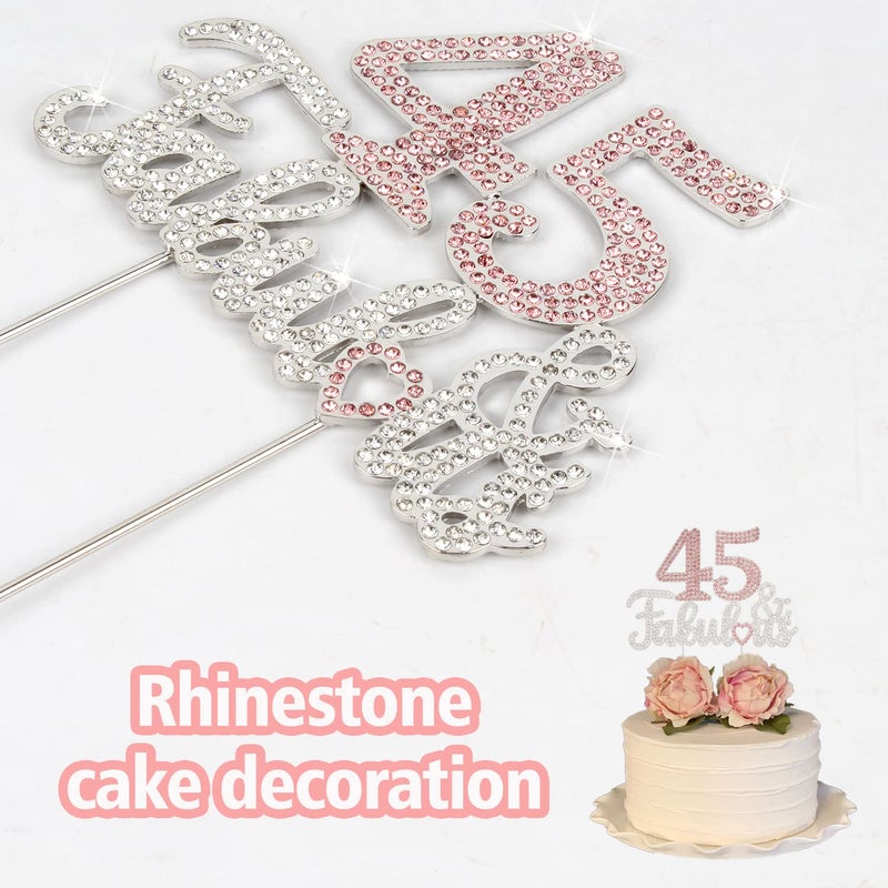 LASKYER 45 & Fabulous Silver Pink Rhinestone Cake Topper - Happy 45th Birthday Cheers to 45 Years Old Bday Party Metal Sparkly Food Centerpieces Topper Decorations Keepsake. - Image 2