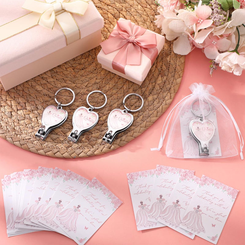 Landical 25 Sets Pink 15th Quinceanera Party Favors Includes Quince Keychain Bottle Opener Nail Clipper Thank You Cards Organza Bags for Guests Sweet 15 Birthday Party Adults Souvenirs - Image 4
