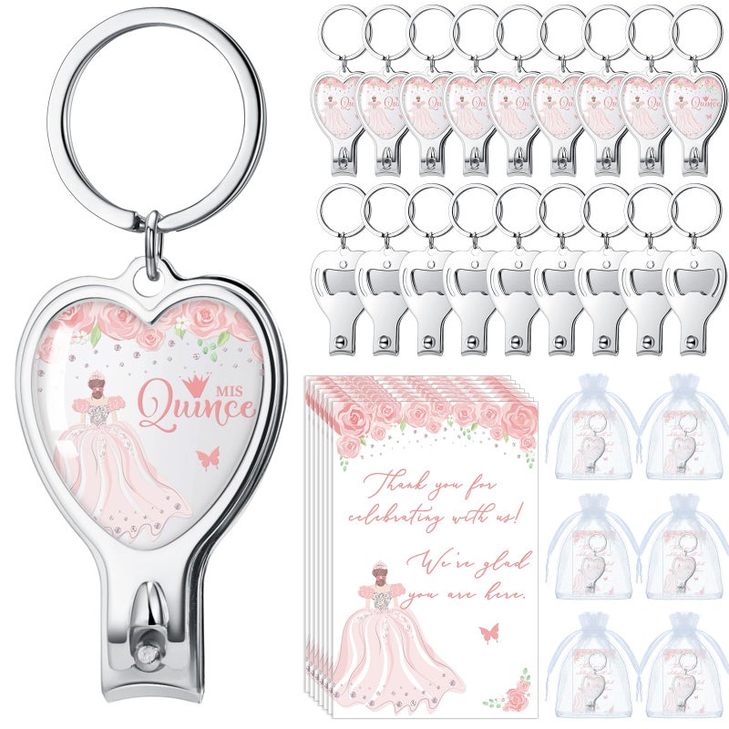 Landical 25 Sets Pink 15th Quinceanera Party Favors Includes Quince Keychain Bottle Opener Nail Clipper Thank You Cards Organza Bags for Guests Sweet 15 Birthday Party Adults Souvenirs - Image 1