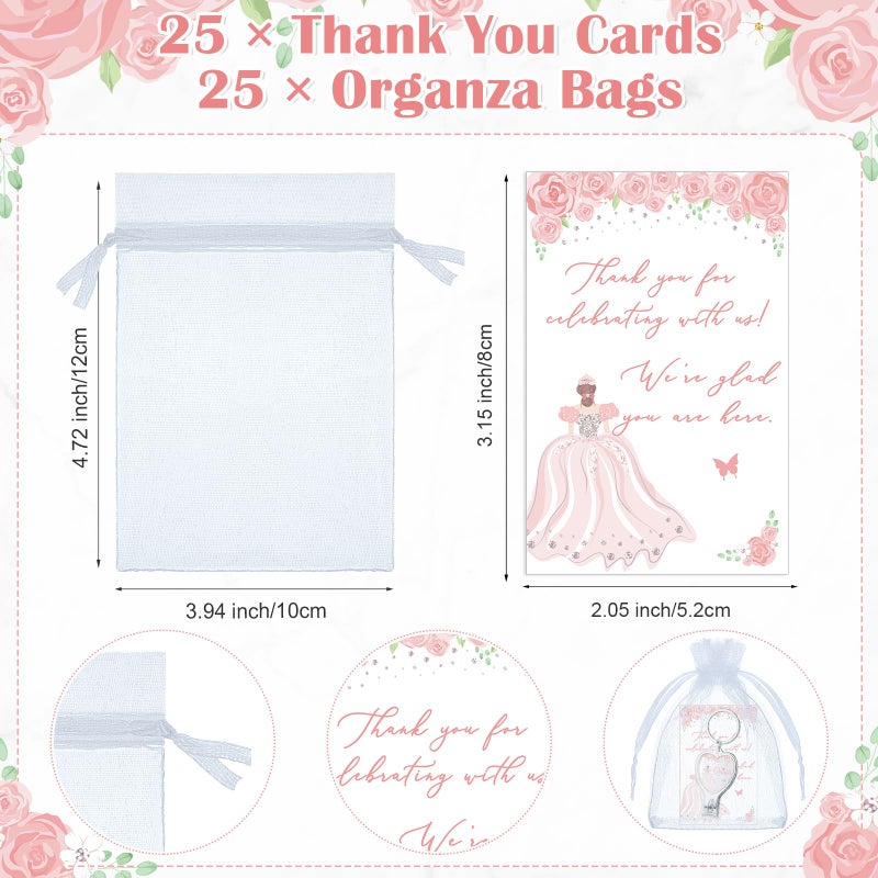 Landical 25 Sets Pink 15th Quinceanera Party Favors Includes Quince Keychain Bottle Opener Nail Clipper Thank You Cards Organza Bags for Guests Sweet 15 Birthday Party Adults Souvenirs - Image 3