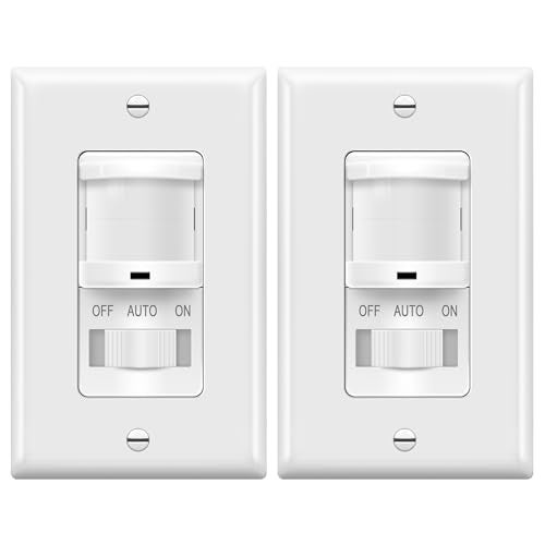 TOPGREENER In-Wall PIR Motion Sensor Light Switch, Single Pole Occupancy Sensor Switch, Motion Sensor Switch, Need Neutral Wire, Wall Plate Included, On/Off Override, 4A, 500W, TSOS5-W, White, 2 Pack - Image 1