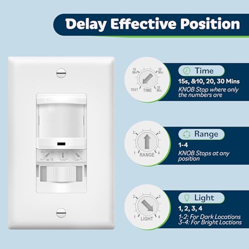 TOPGREENER In-Wall PIR Motion Sensor Light Switch, Single Pole Occupancy Sensor Switch, Motion Sensor Switch, Need Neutral Wire, Wall Plate Included, On/Off Override, 4A, 500W, TSOS5-W, White, 2 Pack - Image 4