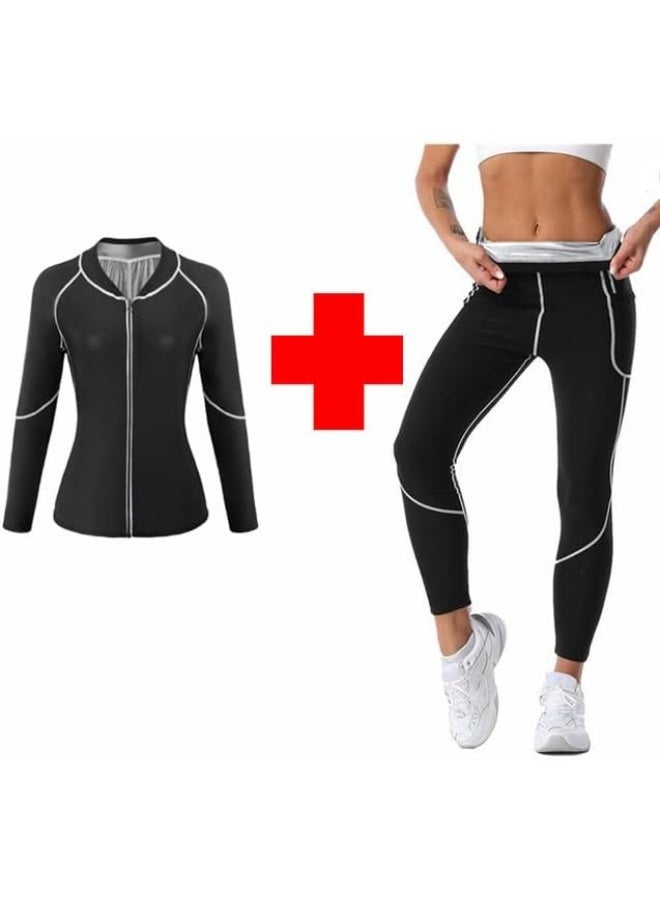 انسجام بدلة ساونا نسائية - طقم من قطعتين (جاكيت + بنطلون) - نسيج فاخر لتحسين التعرق وتشكيل الجسم - Image 1