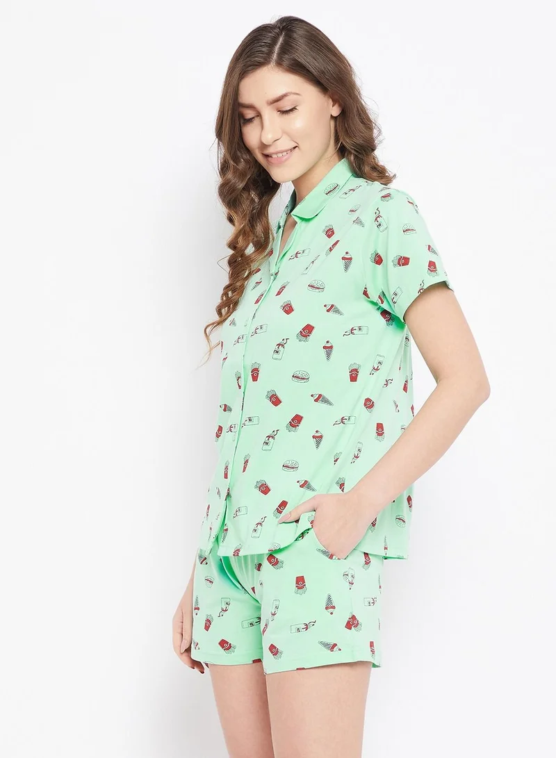 Clovia  Clovia Print Me Pretty Button Down Shirt And Shorts Set In Cyan Green - 100% Cotton  | Best Price UAE
