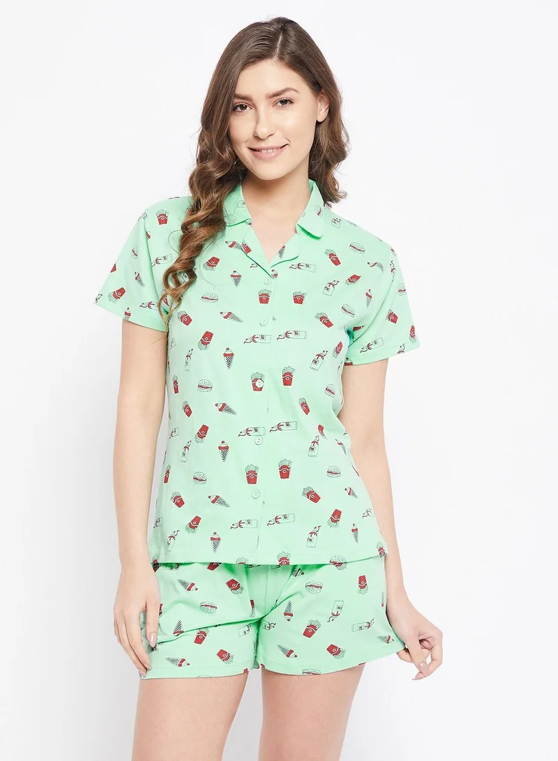 Clovia  Clovia Print Me Pretty Button Down Shirt And Shorts Set In Cyan Green - 100% Cotton  | Best Price UAE