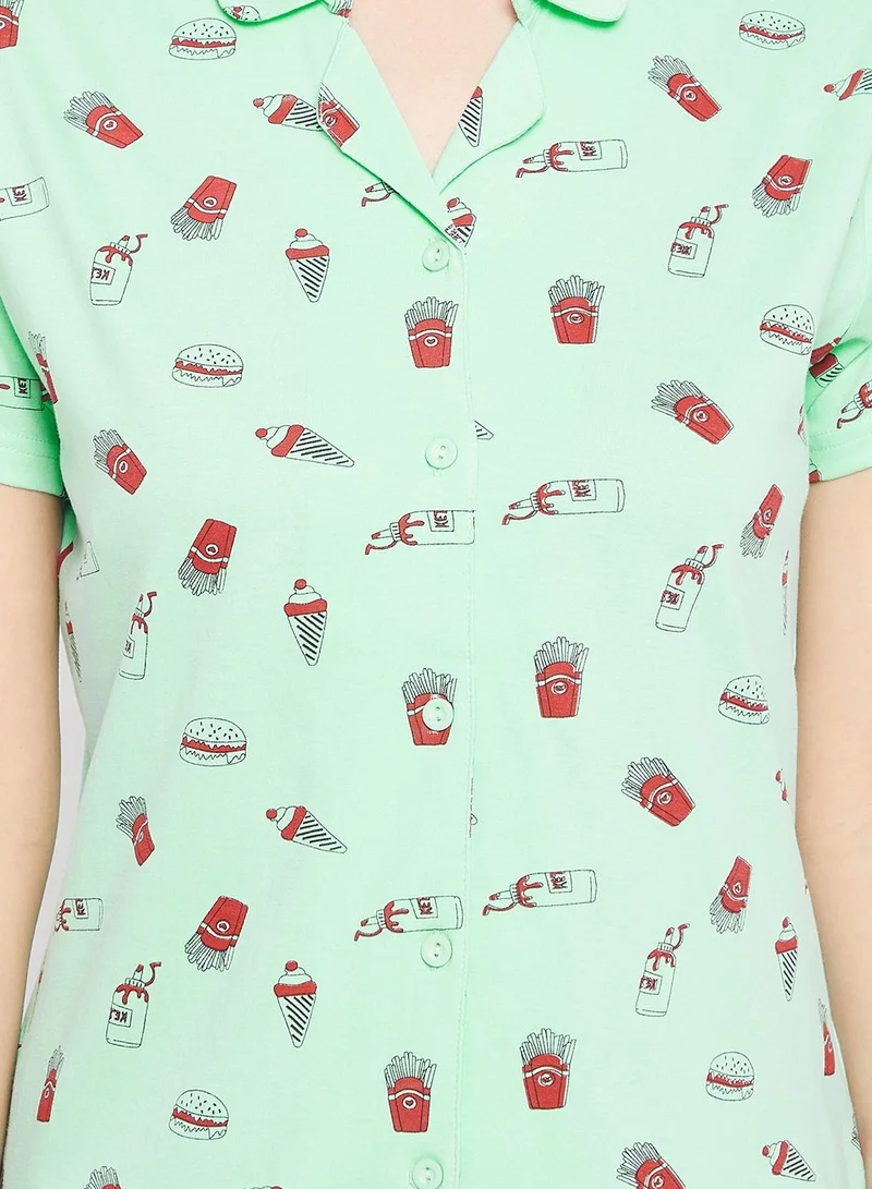 Clovia  Clovia Print Me Pretty Button Down Shirt And Shorts Set In Cyan Green - 100% Cotton  | Best Price UAE