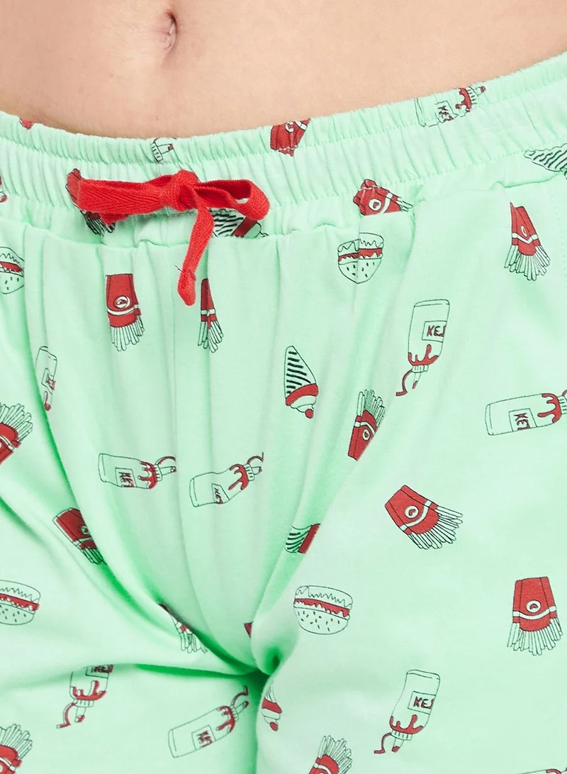 Clovia  Clovia Print Me Pretty Button Down Shirt And Shorts Set In Cyan Green - 100% Cotton  | Best Price UAE