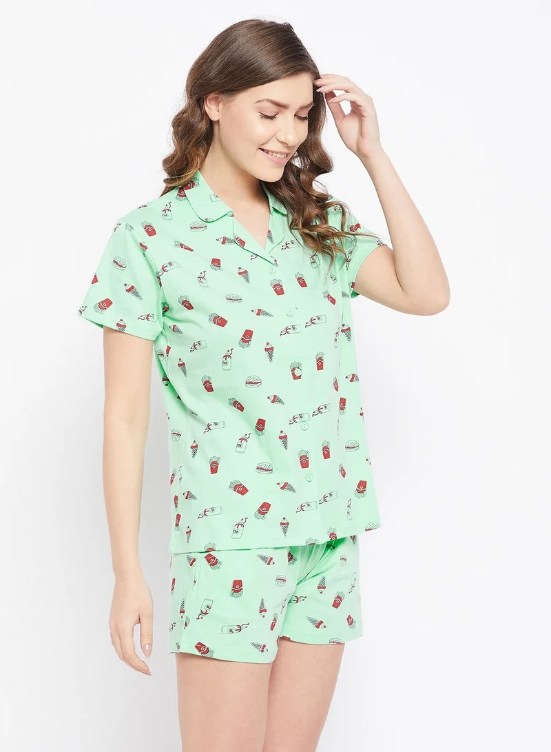 Clovia  Clovia Print Me Pretty Button Down Shirt And Shorts Set In Cyan Green - 100% Cotton  | Best Price UAE