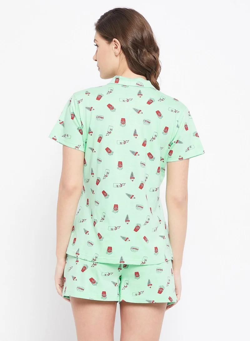 Clovia  Clovia Print Me Pretty Button Down Shirt And Shorts Set In Cyan Green - 100% Cotton  | Best Price UAE