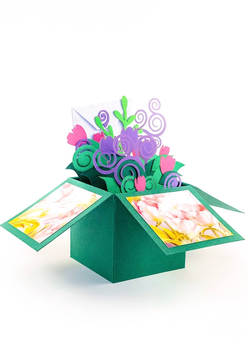 Wow Cards Green Box-shaped Greeting Card with beautiful paper tulips - Image 2