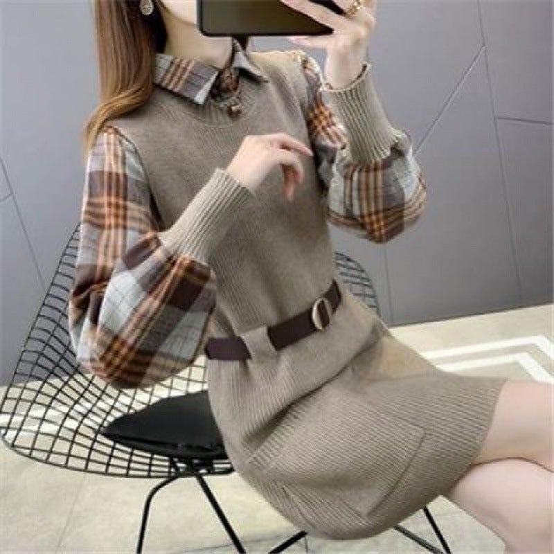 Autumn Winter Knit Dress Sweater Vest Set N53-Coffee [two-piece]] - Image 1