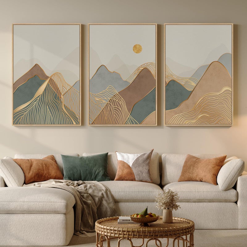 Cuspin Framed Boho Mountain Wall Art for Living Room, 3 Piece Modern Nature Landscape Canvas Artwork for Walls, Large Sunset Minimalist Abstract Prints Wall Decor for Bedroom Hallway Home Office, 24x36 Inch - Image 1