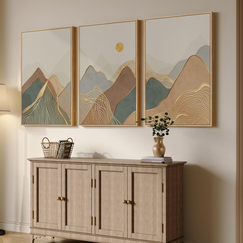 Cuspin Framed Boho Mountain Wall Art for Living Room, 3 Piece Modern Nature Landscape Canvas Artwork for Walls, Large Sunset Minimalist Abstract Prints Wall Decor for Bedroom Hallway Home Office, 24x36 Inch - Image 2