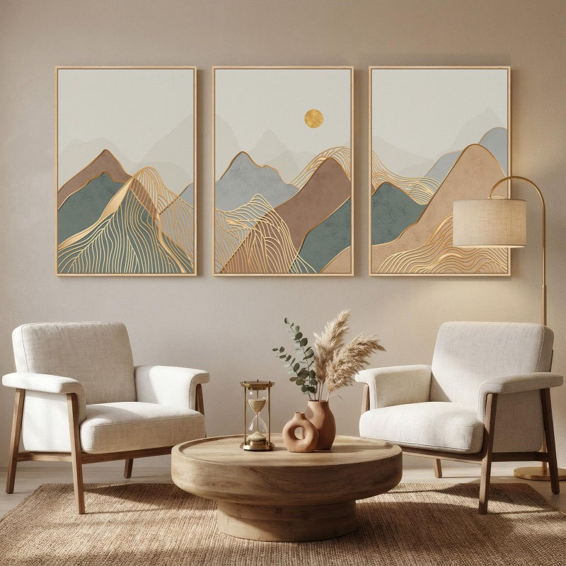 Cuspin Framed Boho Mountain Wall Art for Living Room, 3 Piece Modern Nature Landscape Canvas Artwork for Walls, Large Sunset Minimalist Abstract Prints Wall Decor for Bedroom Hallway Home Office, 24x36 Inch - Image 3