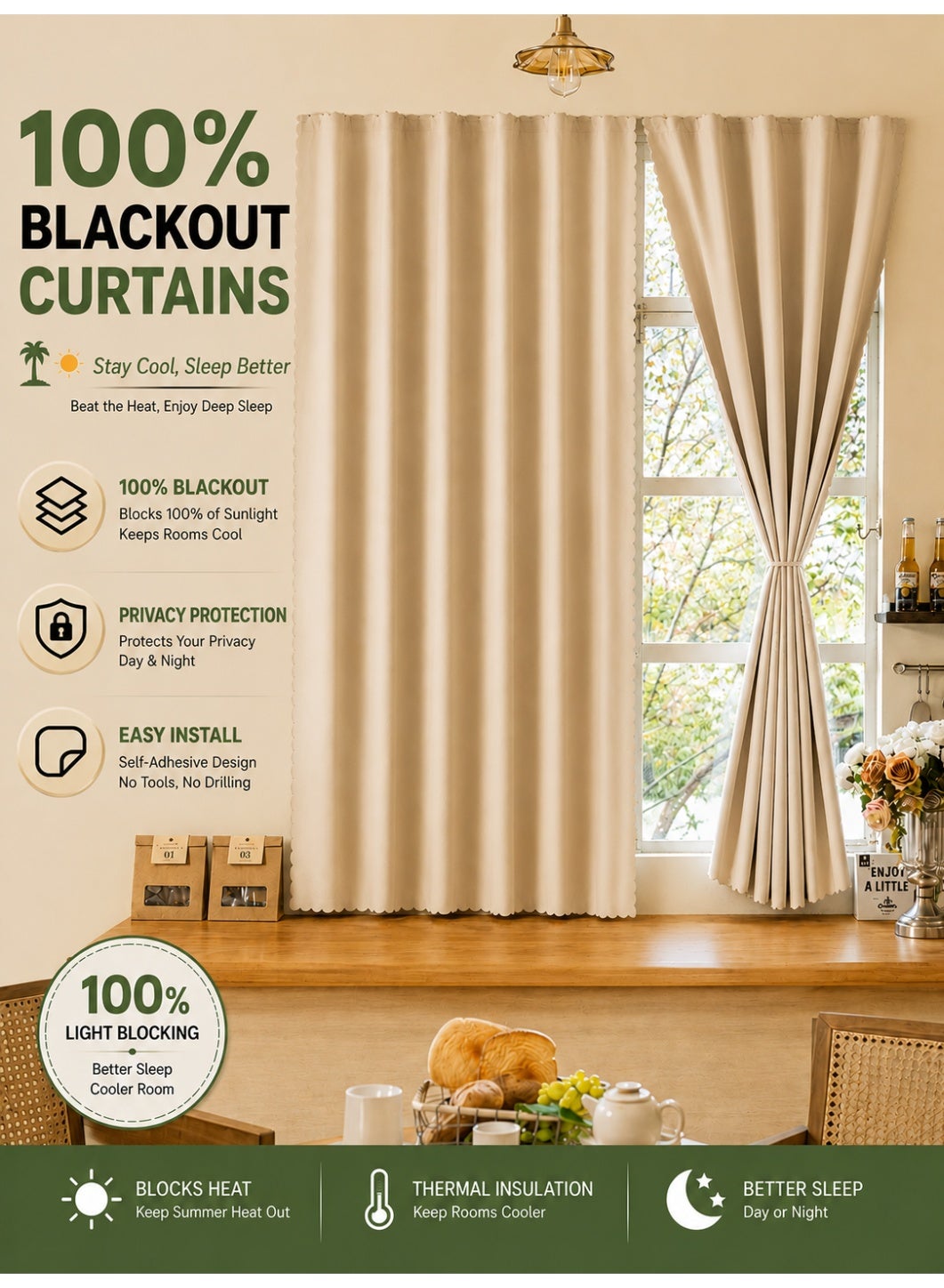 OHTEX HOME 2 pieces of 100% blackout curtains, easy to install with Velcro, no drilling required, suitable for windows of all sizes, ideal for bedrooms, kitchens, living rooms, and more