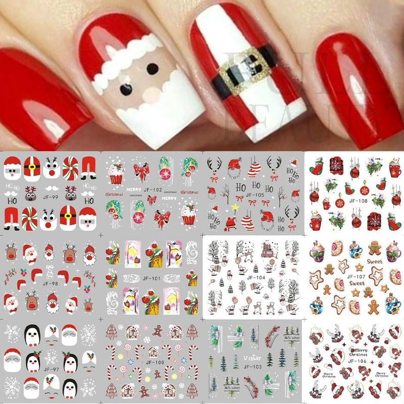 BELSITA Santa Claus Nail Art Stickers Christmas Water Transfer Nail Decals Set of 12 Sheets Holographic Gingerbread Man Penguin Elk Sock Design for Winter Christmas Nail Accents Nail Art DIY Decorations 