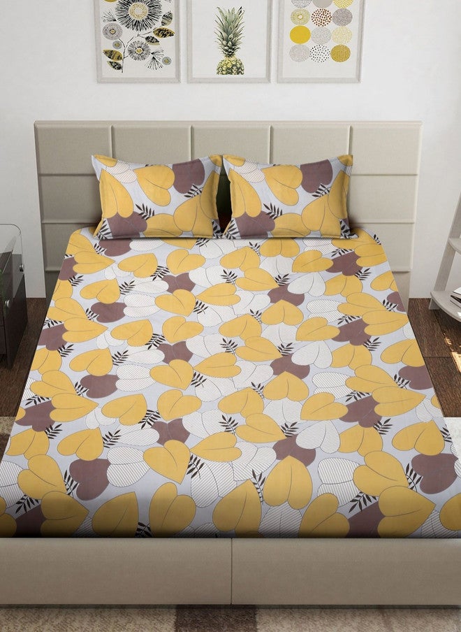 Arrabi Yellow Leaf Polycotton 300 TC Fitted King Fine Bedsheet with 2 Pillow Covers - Image 2
