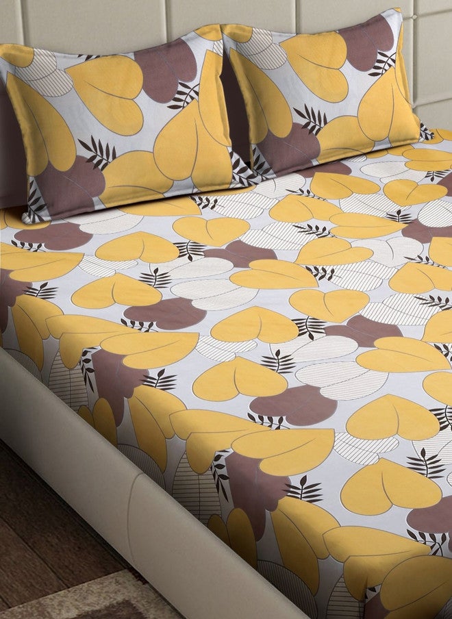 Arrabi Yellow Leaf Polycotton 300 TC Fitted King Fine Bedsheet with 2 Pillow Covers - Image 3