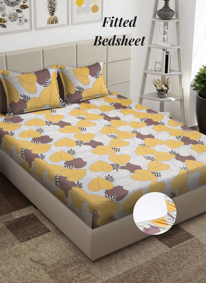 Arrabi Yellow Leaf Polycotton 300 TC Fitted King Fine Bedsheet with 2 Pillow Covers - Image 1
