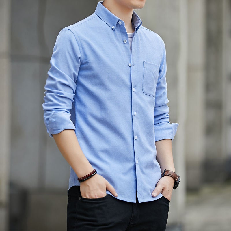 Generic Spring and Autumn Oxford Spinning Shirt Mens Long-sleeved Solid Color Youth Casual Students Slim-fit Korean Style Trendy Shirt Sky Blue  - Image 1